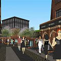 Modern Commercial Street With Clock Tower Plaza Fountain and Surrounding Buildings