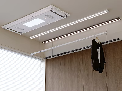 Modern Ceiling Mounted Clothes Hanger With LED Light Strips And Hanging Garment On Wooden Wall 3d model