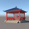 Traditional Chinese Pavilion With Blue Roof Red Pillars And Stone Base