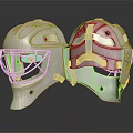 Vibrant Red And Beige Hockey Goalie Helmets Featuring Colorful Artwork And MASS LAW