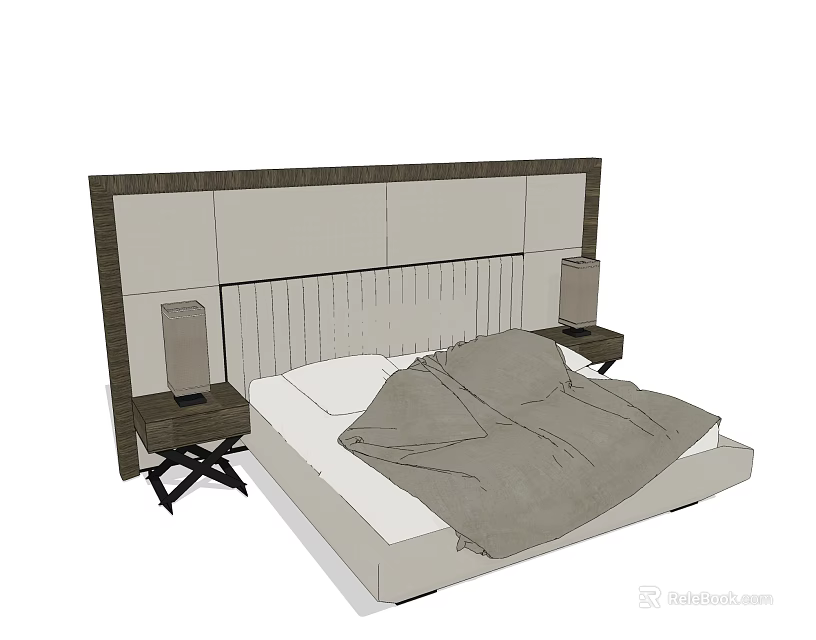 Background Double Bed Featuring Elegant Modern Headboard Nightstands and Bedding 3d model 