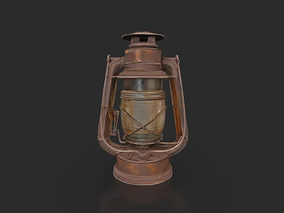 Antique Vintage Kerosene Lamp With Rustic Metal Frame And Glass Shade 3d model