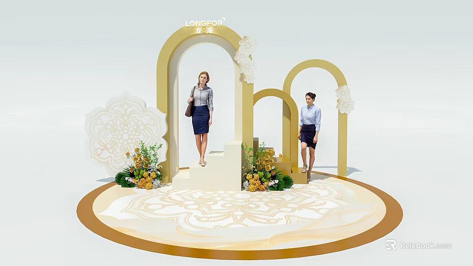 Longchamp Event Scene With Golden Arches Women Standing On Circular Platform And Floral Decorations 3d model 