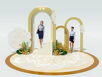 Longchamp Event Scene With Golden Arches Women Standing On Circular Platform And Floral Decorations 3d model