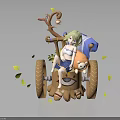 Green Haired Girl Sitting On Animal Shaped Cart With Teddy Bear And Falling Leaves