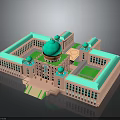Islamic Style Building with Pink Exterior Green Domes Central Courtyard and Arched Windows