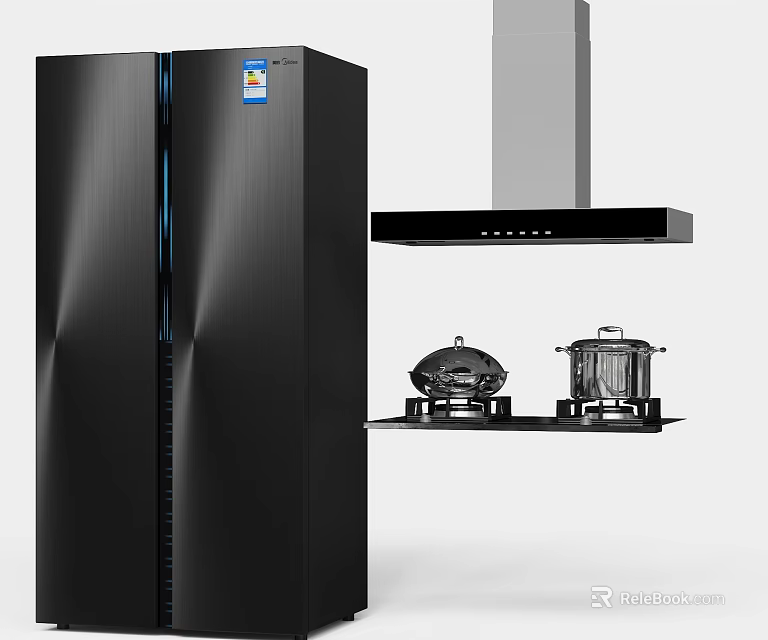 Modern Kitchen Appliances Featuring Black Refrigerator Range Hood And Gas Stoves 3d model 
