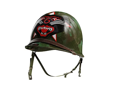 Green Camouflage Helmet With Tiger Face Design And Red Black Patterns 3d model