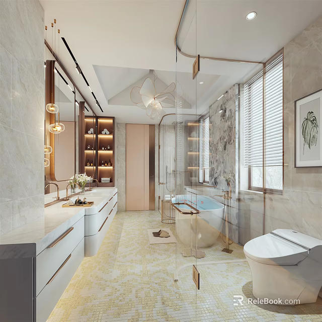 Modern Elegant Bathroom Interior With Marble Bathtub Glass Shower Double Vanity Mirror Storage Cabinets Chandelier 3d model 