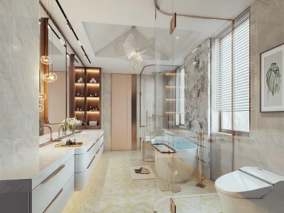 Modern Elegant Bathroom Interior With Marble Bathtub Glass Shower Double Vanity Mirror Storage Cabinets Chandelier 3d model