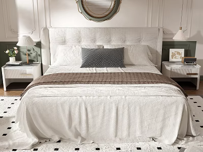 Elegant Modern Double Bed With White Headboard Pillows Bedspread And Nightstand Lamps 3d model