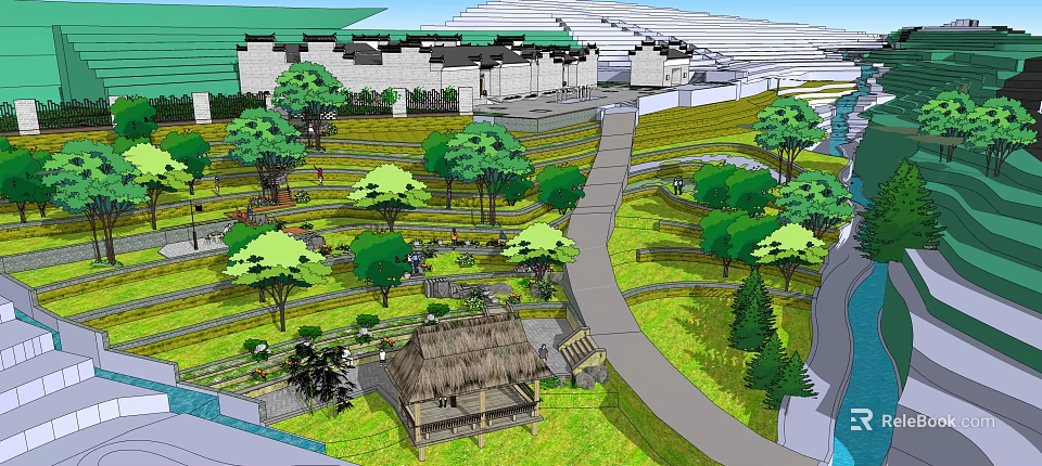Traditional Landscape Design With Thatched Hut Green Trees Pathways And Terraced Lawns 3d model 