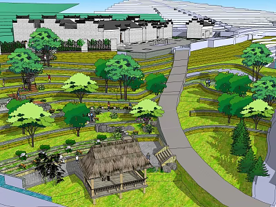 Traditional Landscape Design With Thatched Hut Green Trees Pathways And Terraced Lawns 3d model