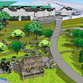 Traditional Landscape Design With Thatched Hut Green Trees Pathways And Terraced Lawns