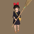 Girl Character Design With Red Bow Blue Dress And Broom From Three Angles