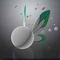 White Spherical Creature With Green White Wing Structures And Floating Dots On Black Background