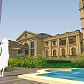European Architecture Featuring Yellow Facade Symmetrical Design Ornate Columns And Green Lawn With Yellow Flowers