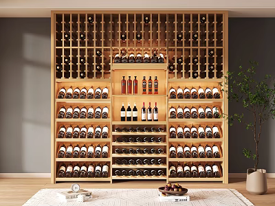 Large Wooden Wine Cabinet With Layered Shelves And Neatly Arranged Wine Bottles 3d model