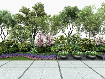 Arbor Trees Surrounded by Lush Shrubs Colorful Flowers and Potted Plants on Stone Walkway 3d model