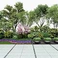 Arbor Trees Surrounded by Lush Shrubs Colorful Flowers and Potted Plants on Stone Walkway