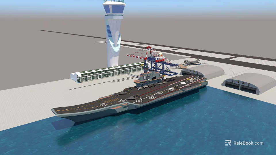 Aircraft Carrier Docked At Port With Control Tower And Military Ship Deck 3d model 