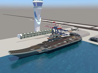 Aircraft Carrier Docked At Port With Control Tower And Military Ship Deck 3d model