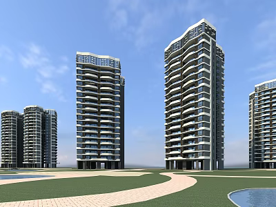 Modern High Rise Residential Buildings With Glass Facades Green Lawn And Water Features 3d model