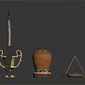 Handcrafted Sculpting Tools and Artisanal Ceramic Vase with Metal Trophy and Carved Drum