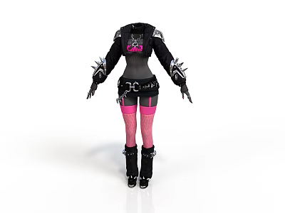 Black Leather Outfit With Pink Mesh Stockings Spiked Shoulders And Belted Waist Design 3d model