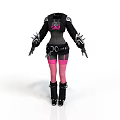 Black Leather Outfit With Pink Mesh Stockings Spiked Shoulders And Belted Waist Design