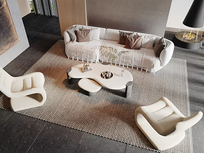 Modern Light Beige Sofa with Cushions and Coffee Table Set with Accent Chairs and Rug 3d model