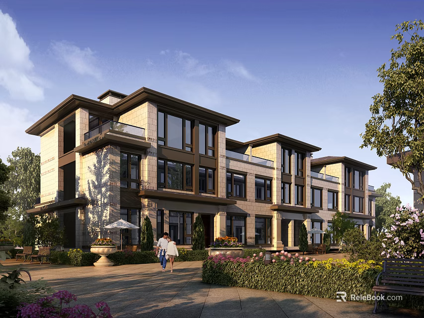 Modern Townhouse Exterior Design With Landscaped Garden Trees Large Windows And Courtyard Walkway 3d model 