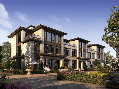 Modern Townhouse Exterior Design With Landscaped Garden Trees Large Windows And Courtyard Walkway 3d model