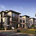 Modern Townhouse Exterior Design With Landscaped Garden Trees Large Windows And Courtyard Walkway
