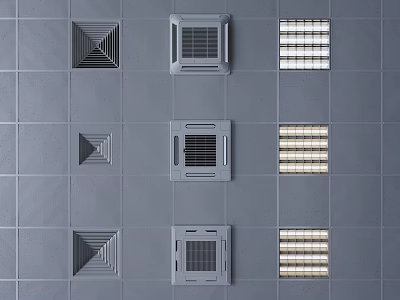 Various Air Conditioner Fan Vents With Different Designs And Grey Tile Background 3d model