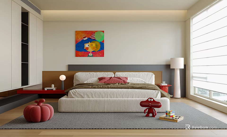 Modern Kids Bedroom Interior With Large Bed Colorful Painting Red Dinosaur Toy And Building Blocks 3d model 
