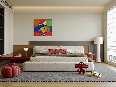 Modern Kids Bedroom Interior With Large Bed Colorful Painting Red Dinosaur Toy And Building Blocks 3d model