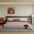Modern Kids Bedroom Interior With Large Bed Colorful Painting Red Dinosaur Toy And Building Blocks