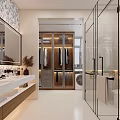 Elegant Modern Bathroom Interior With Glass Shower Double Vanity Marble Countertop And Large Mirror