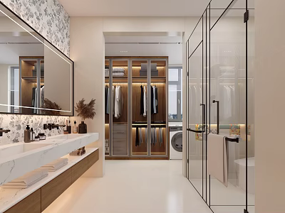 Elegant Modern Bathroom Interior With Glass Shower Double Vanity Marble Countertop And Large Mirror 3d model