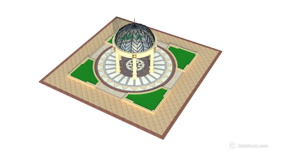 Square Based Domed Garden Pavilion Featuring Green Lawn Areas And Patterned Pavement 3d model 