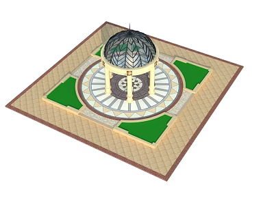 Square Based Domed Garden Pavilion Featuring Green Lawn Areas And Patterned Pavement 3d model