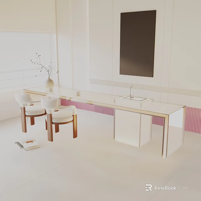 Modern White Dining Table Set With Two Wooden Leg Chairs And Vase Decor 3d model 