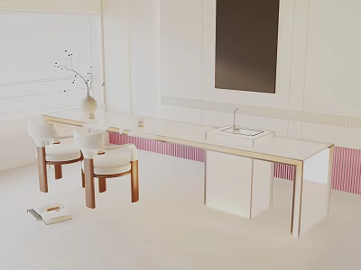 Modern White Dining Table Set With Two Wooden Leg Chairs And Vase Decor 3d model