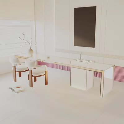 Modern White Dining Table Set With Two Wooden Leg Chairs And Vase Decor 3d model