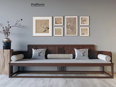 Chinese Style Wooden Sofa Set With Gray Cushions Framed Paintings And Vase On Gray Wall 3d model