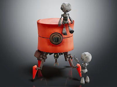 Smart Machines Featuring Orange Cylindrical Base With Robot Sitting And Standing Interacting 3d model