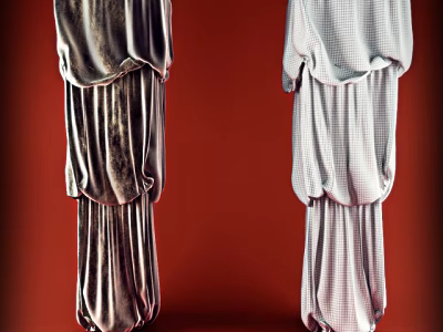 Elegant Velvet And Checkered Curtains With Drapery Design And Pleated Details 3d model