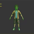 3D Boy Character Model Wearing Striped Orange Shirt Blue T-shirt Brown Shorts with Colorful Patches
