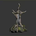 Natural Wooden Tree Root Sculpture With Stone Base And Mossy Details
